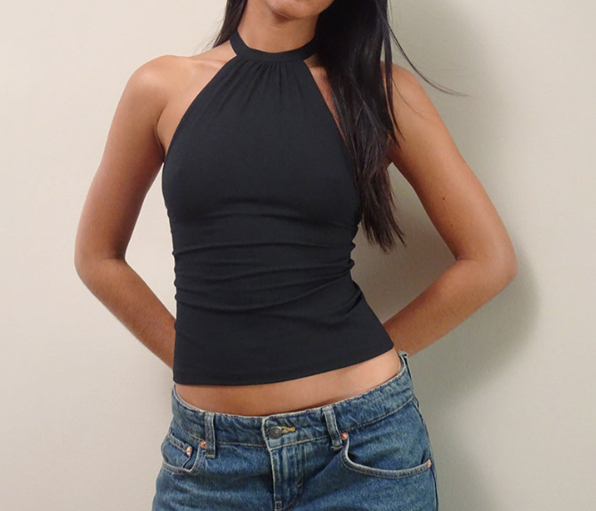 Black Halter Neck Open‑Back Cami Top