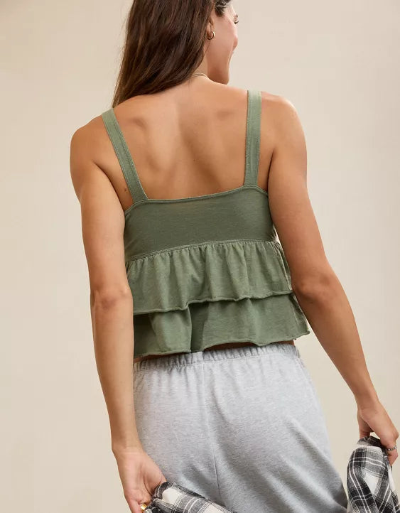 Sage Green Bow‑Detail Tiered Ruffle Cami Top